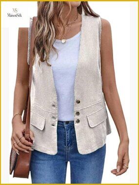 Cotton Linen Vest Sleeveless Blazer Lightweight Button Down Casual